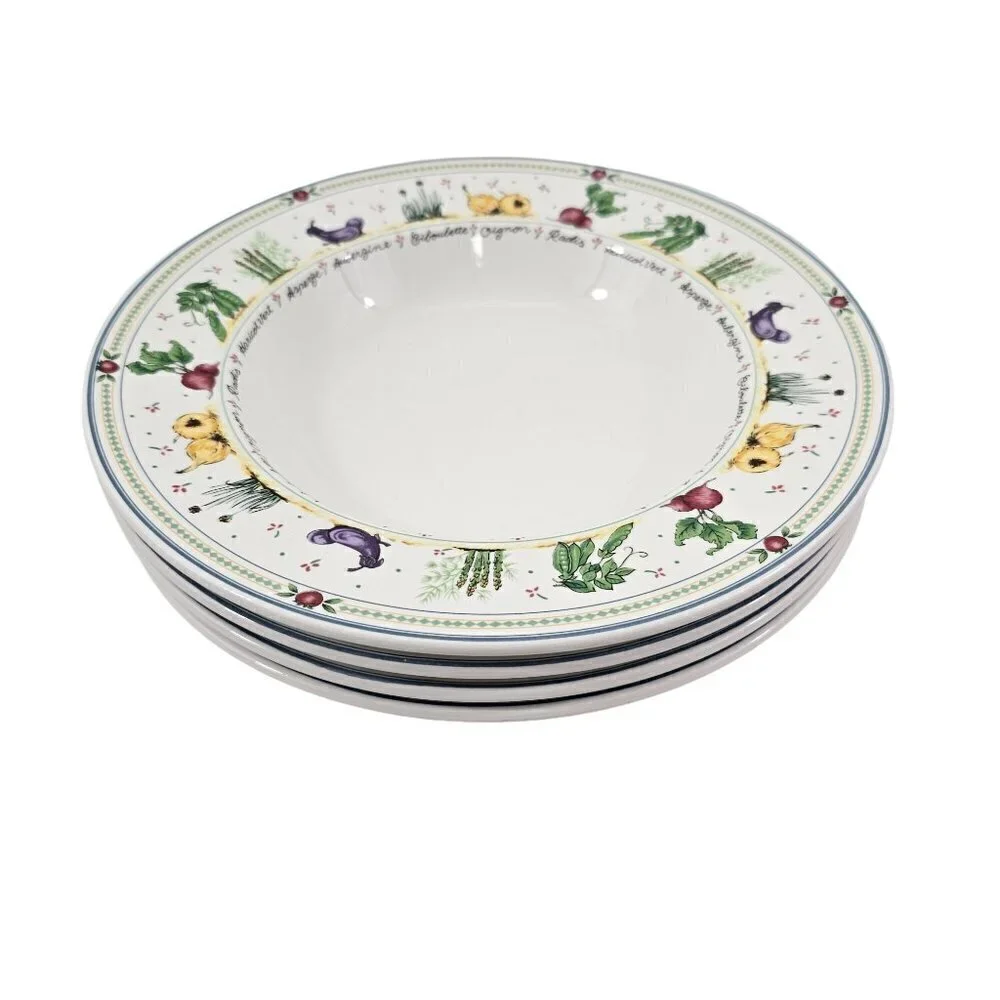 Mikasa Ultra Cream DX012 Garden Lane Vegetable Rim 9.25” Soup Salad Bowls - 4 PC